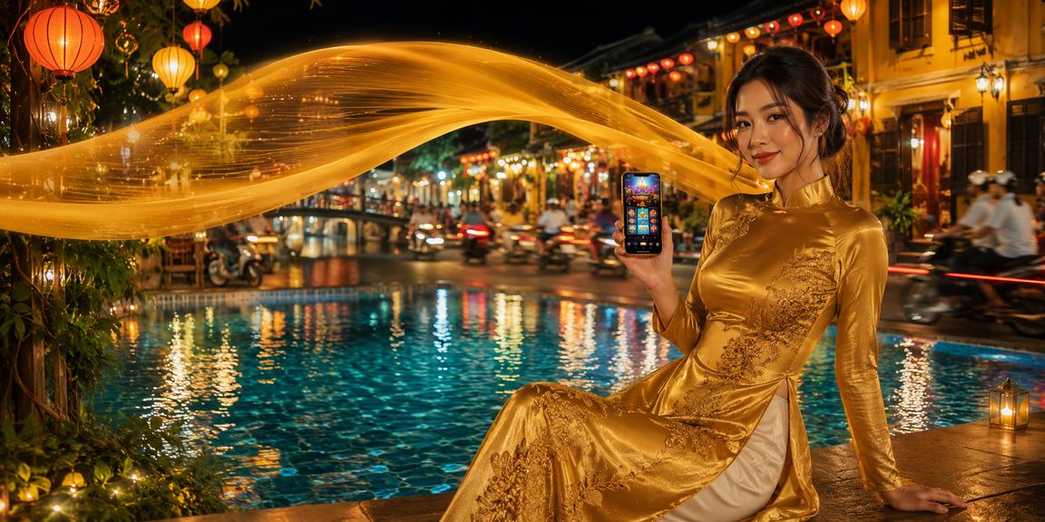 Người chơi trải nghiệm casino trực tuyến tại Hội An với trang phục áo dài truyền thống