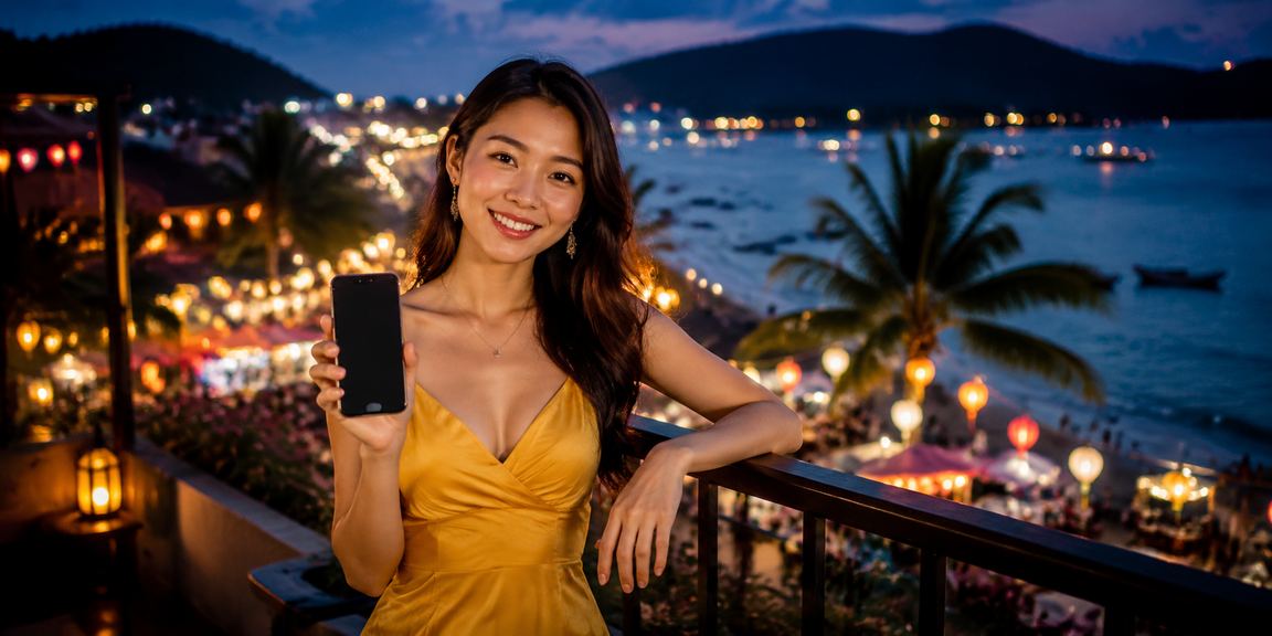 Người dùng tại Phú Quốc xem khuyến mãi casino trên điện thoại tại chợ đêm